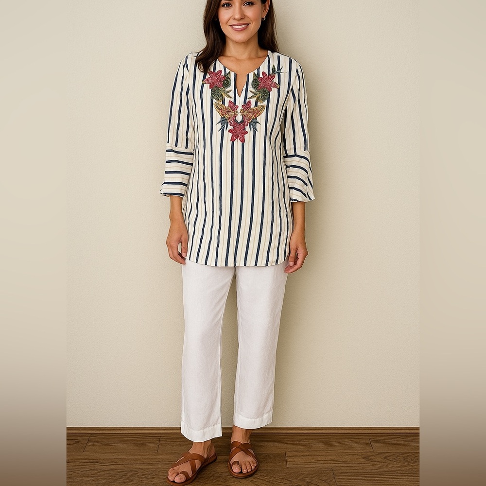 Brooks Brothers Linen Classic Striped Embroidered Tunic Bell Sleeves Size 4